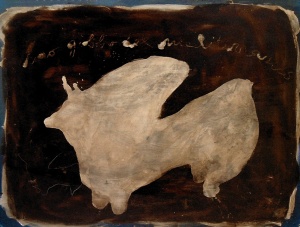 bitume di Giudea, acquaragia e acrilico su legno, 122×162.5 cm., 2003