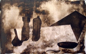 mordente noce, acrilico e collage su legno, 80×125 cm., 2002