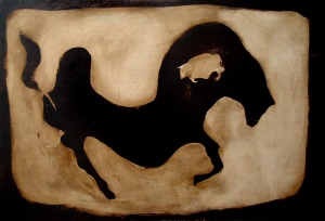 bitume di Giudea, acquaragia e acrilico su legno, 81×122 cm., 2003