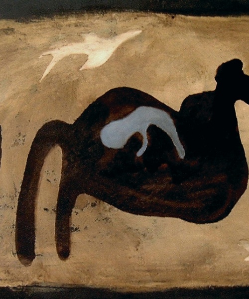 bitume di Giudea, acquaragia e acrilico su legno, 81×122 cm., 2003